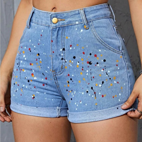 SHEIN Pants - Shein Splash Ink Print Roll Up Hem Denim Shorts